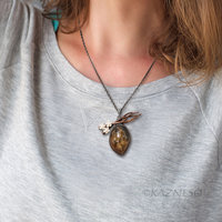 Picture Quartz Necklace, Landscape Stone Pendant, Copper Branch, Silver Cherry Blossom, Akoya Pearl, Dark Art Nouveau