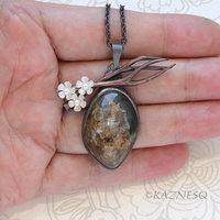 Picture Quartz Necklace, Landscape Stone Pendant, Copper Branch, Silver Cherry Blossom, Akoya Pearl, Dark Art Nouveau