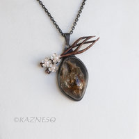 Picture Quartz Necklace, Landscape Stone Pendant, Copper Branch, Silver Cherry Blossom, Akoya Pearl, Dark Art Nouveau