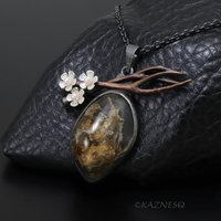 Picture Quartz Necklace, Landscape Stone Pendant, Copper Branch, Silver Cherry Blossom, Akoya Pearl, Dark Art Nouveau