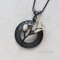 Magnolia Pendant Necklace in Oxidized Silver – Hand-Pierced Scrollwork with Fine Silver Blossom