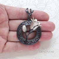 Magnolia Pendant Necklace in Oxidized Silver – Hand-Pierced Scrollwork with Fine Silver Blossom