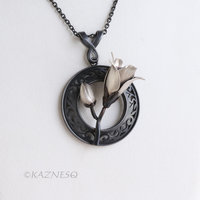 Magnolia Pendant Necklace in Oxidized Silver – Hand-Pierced Scrollwork with Fine Silver Blossom