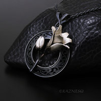 Magnolia Pendant Necklace in Oxidized Silver – Hand-Pierced Scrollwork with Fine Silver Blossom