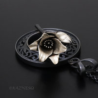 Magnolia Pendant Necklace in Oxidized Silver – Hand-Pierced Scrollwork with Fine Silver Blossom