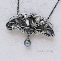 Oxidized Sterling Silver Magnolia Necklace with Black Pearl, Art Nouveau Statement Pendant