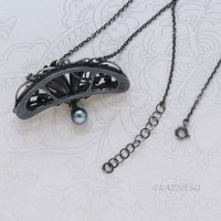 Oxidized Sterling Silver Magnolia Necklace with Black Pearl, Art Nouveau Statement Pendant