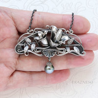 Oxidized Sterling Silver Magnolia Necklace with Black Pearl, Art Nouveau Statement Pendant