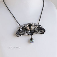 Oxidized Sterling Silver Magnolia Necklace with Black Pearl, Art Nouveau Statement Pendant