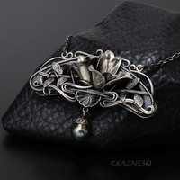 Oxidized Sterling Silver Magnolia Necklace with Black Pearl, Art Nouveau Statement Pendant