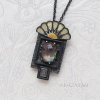 An Art Deco Style Sunrise Kept in a Specimen Box — Iridescent Amethyst and Paua Shell Necklace in Oxidized Silver