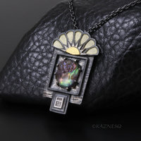 An Art Deco Style Sunrise Kept in a Specimen Box — Iridescent Amethyst and Paua Shell Necklace in Oxidized Silver