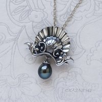 Antique-Style Tahitian Black Pearl Pendant Necklace, Handmade Sterling Silver