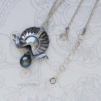 Antique-Style Tahitian Black Pearl Pendant Necklace, Handmade Sterling Silver