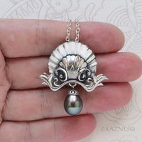 Antique-Style Tahitian Black Pearl Pendant Necklace, Handmade Sterling Silver