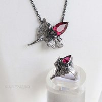 Jewelry That Speaks for You: Handmade Thistle Rubellite Set in Sterling Silver, Gothic Botanical Statement Pieces