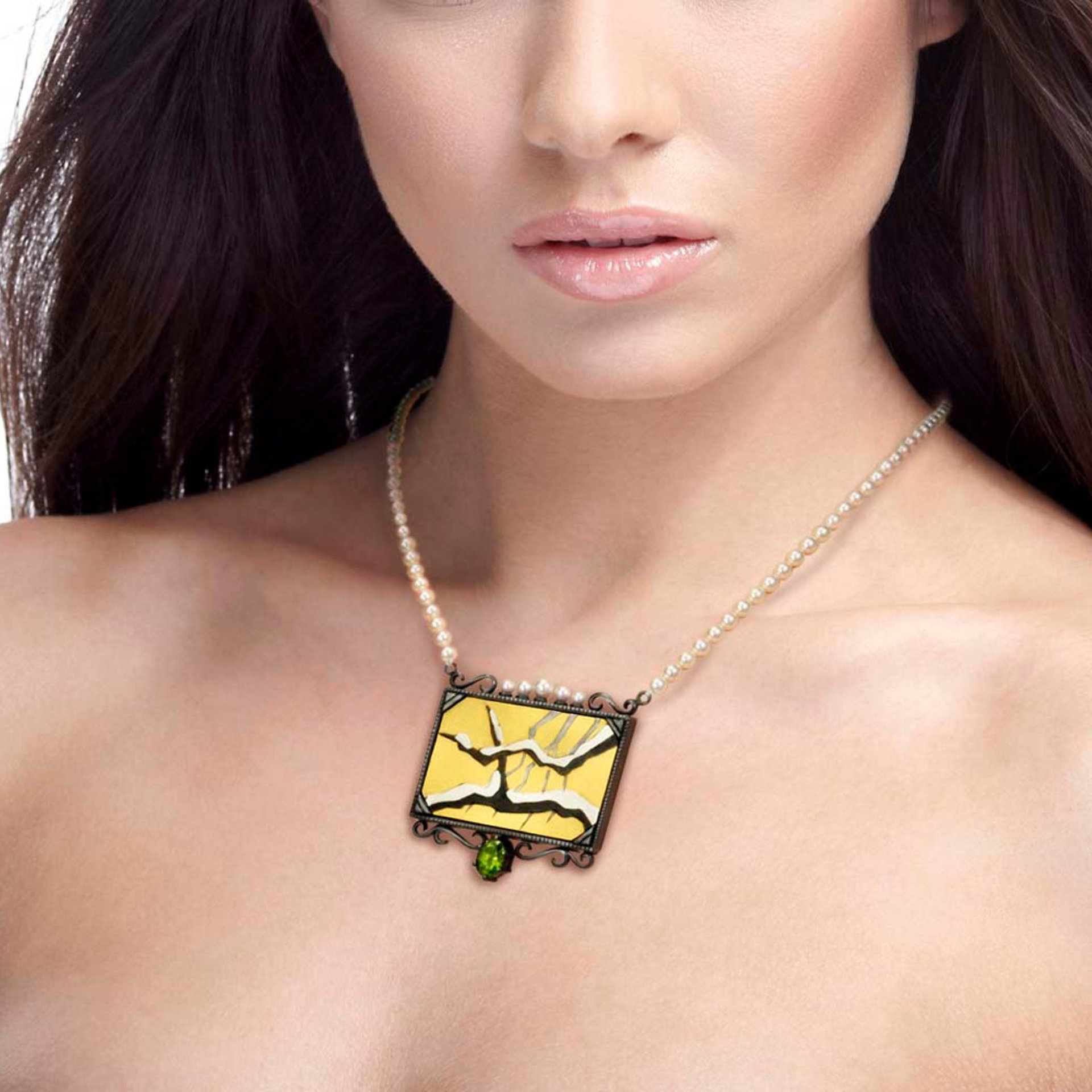 SALE: Gold Keum Boo snowed branches necklace featuring Akoya pearls and a green zircon.