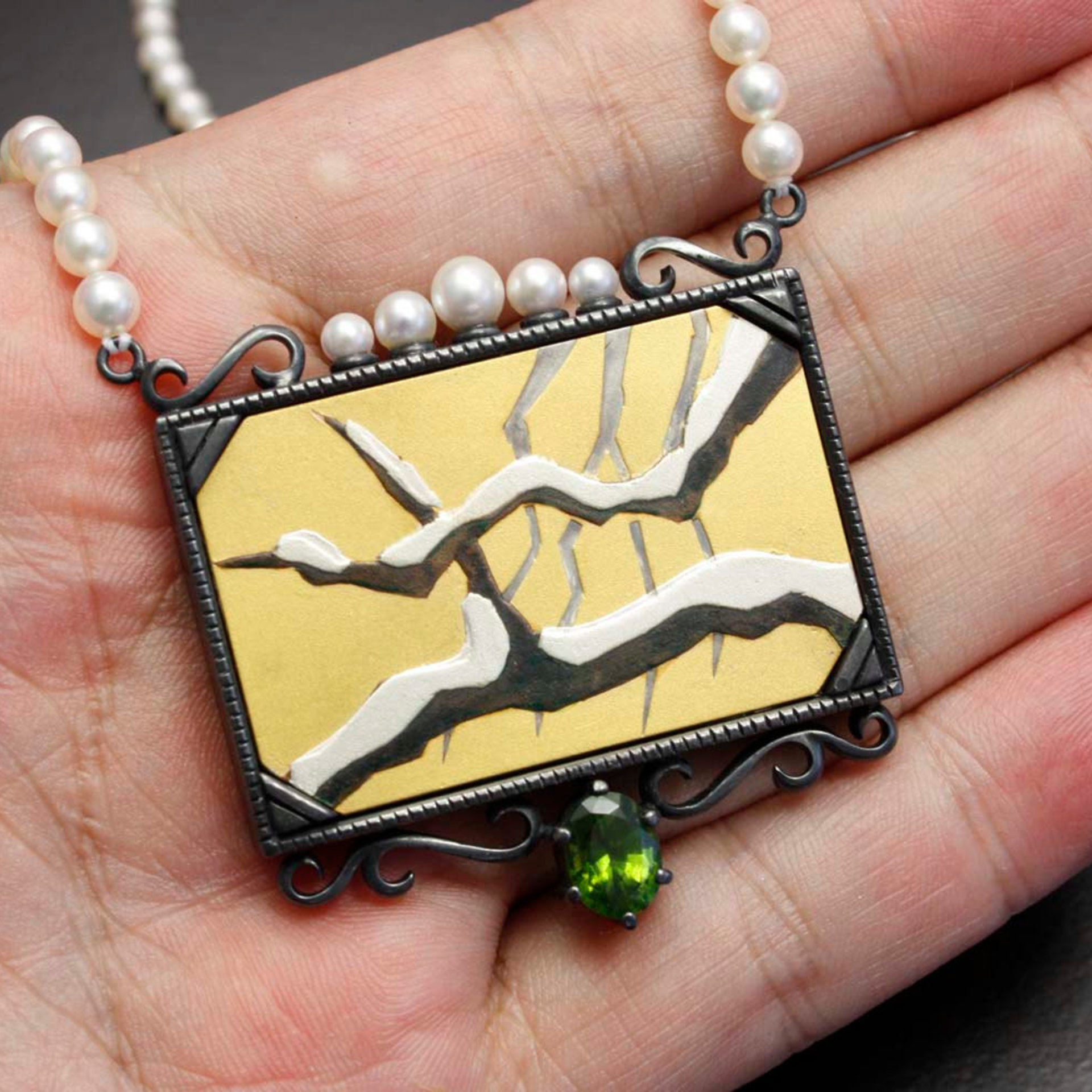 SALE: Gold Keum Boo snowed branches necklace featuring Akoya pearls and a green zircon.