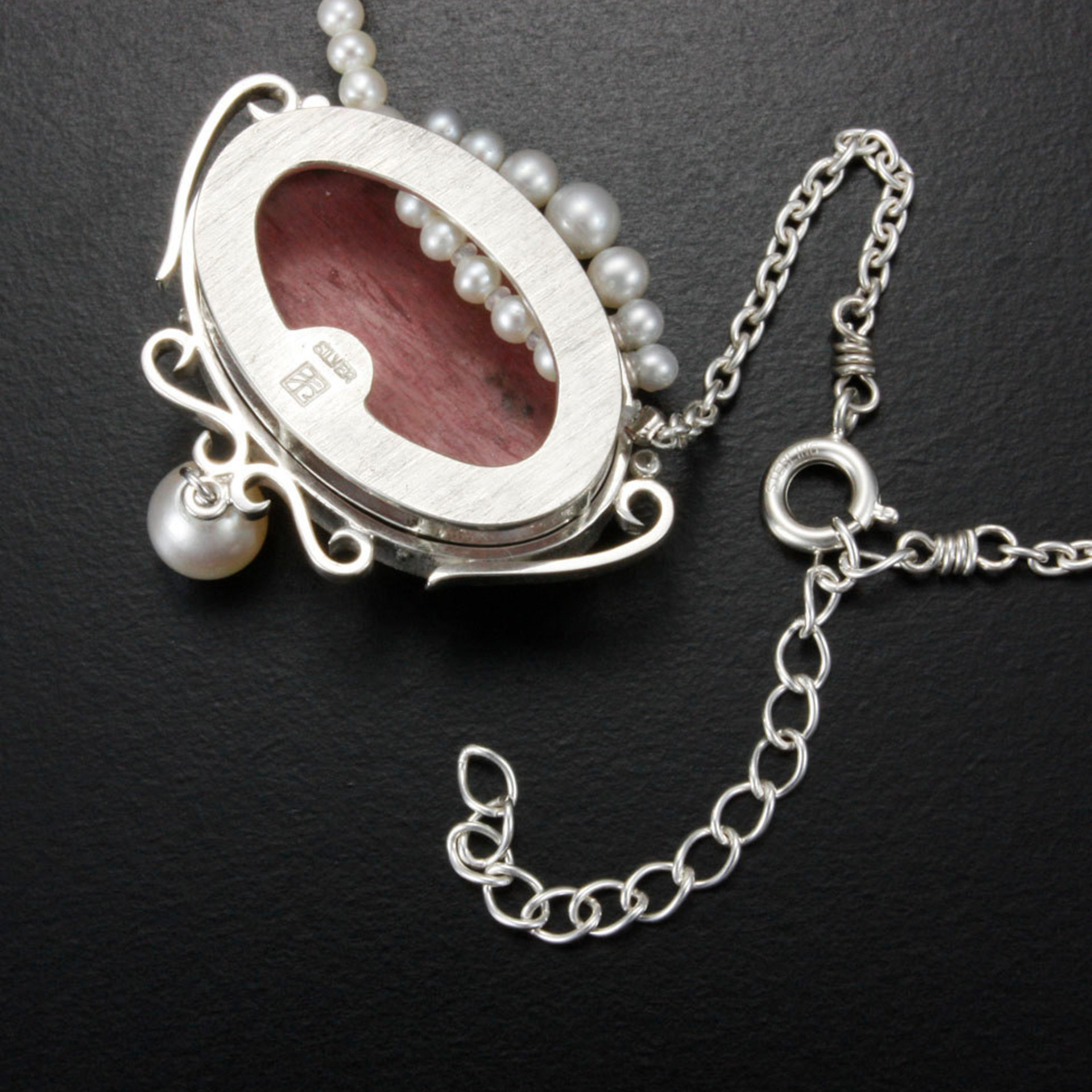 SOLD: Pink stone oval silver pendant with pearls