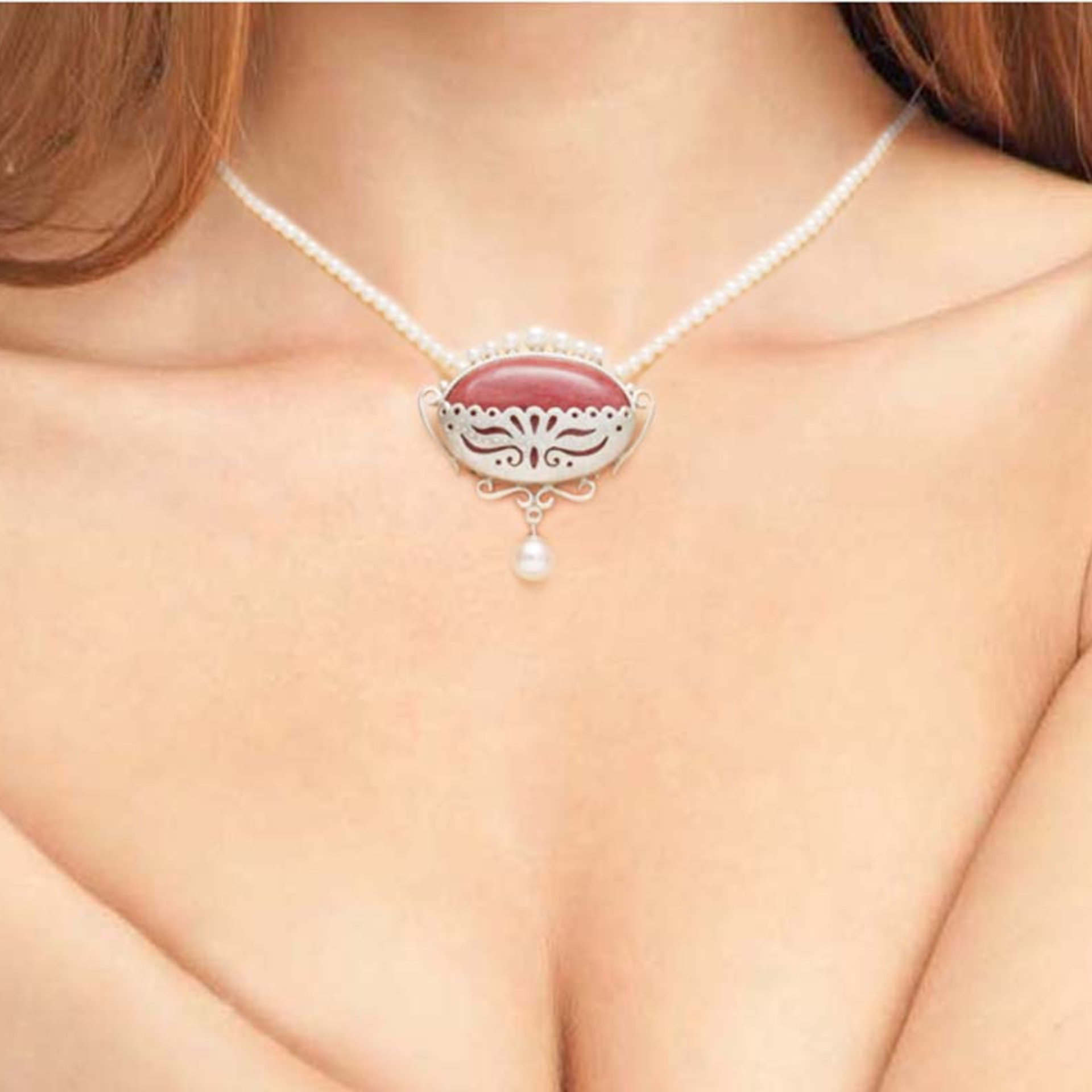 SOLD: Pink stone oval silver pendant with pearls