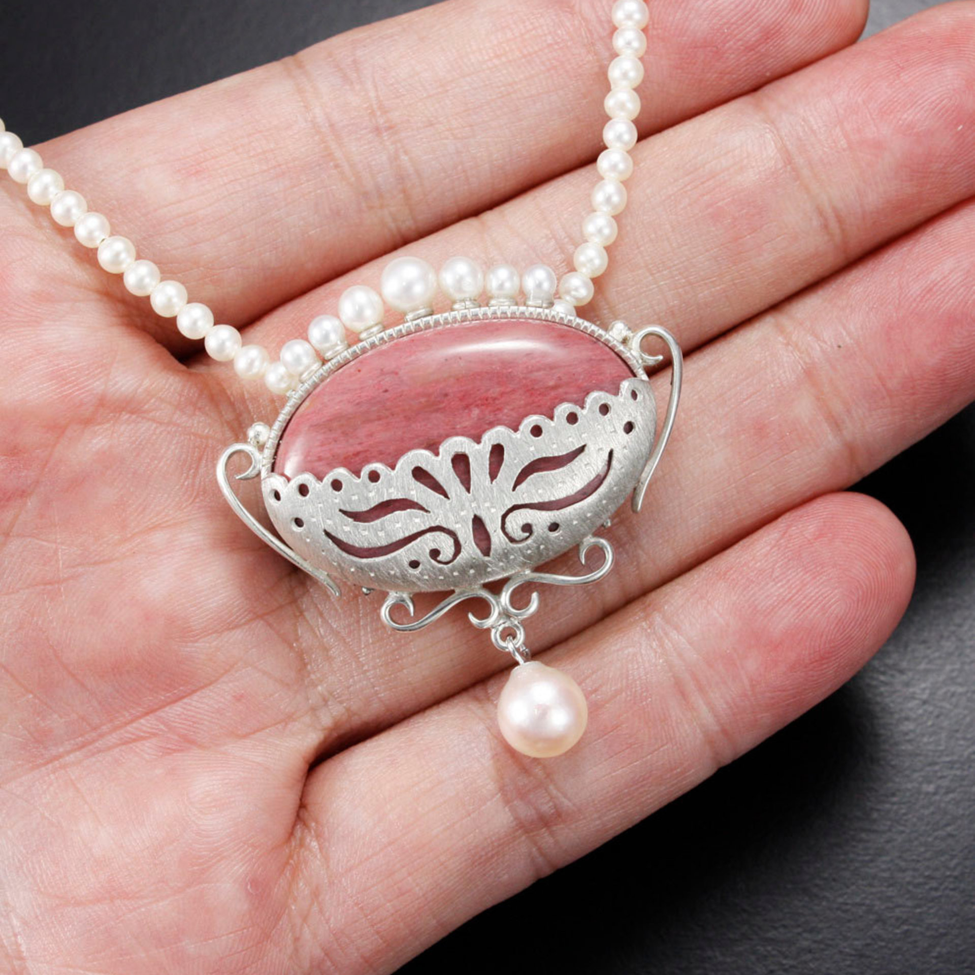 SOLD: Pink stone oval silver pendant with pearls