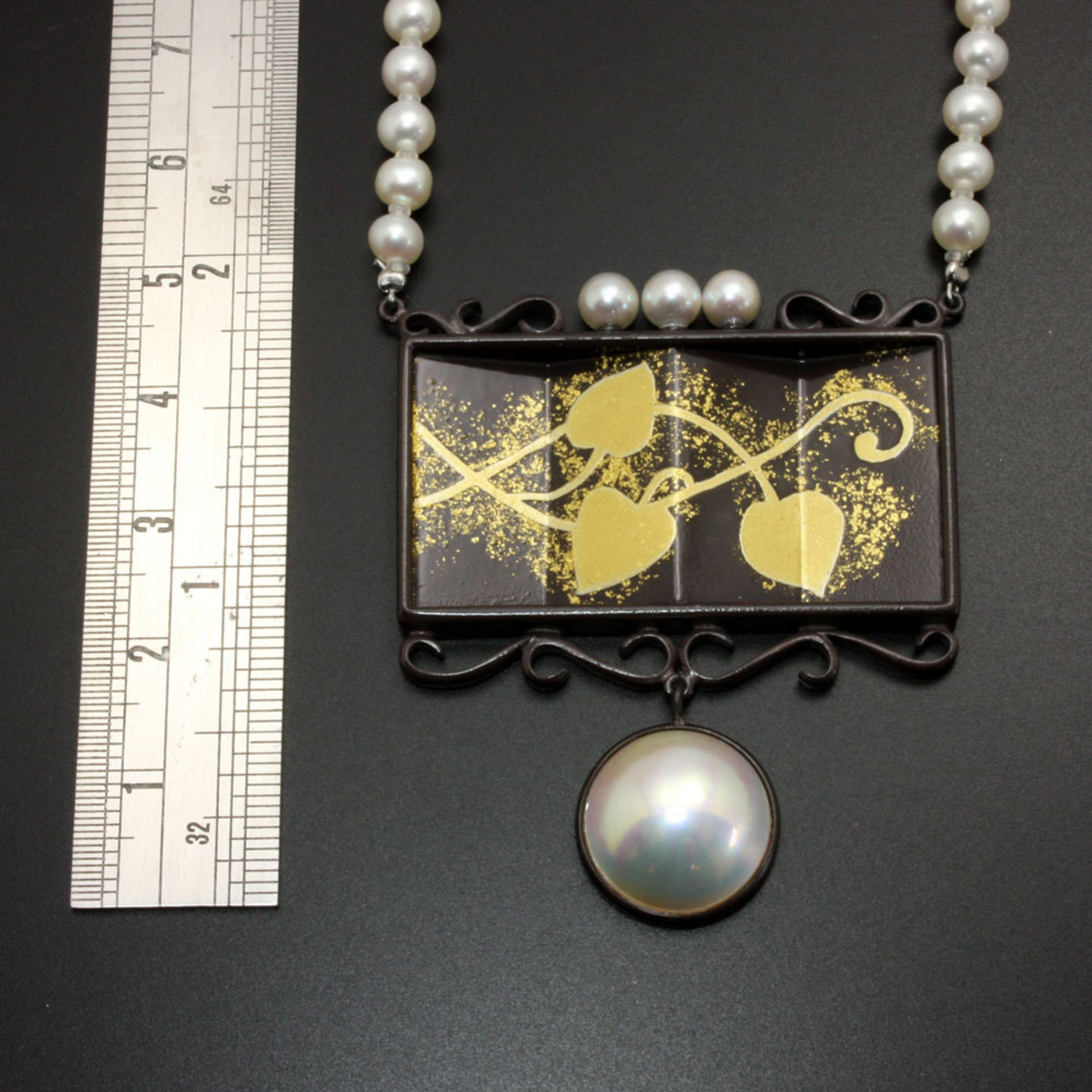 SALE: Pearl and silver pendant with Japanese patina and Keum Boo inspired with Japanese partition.