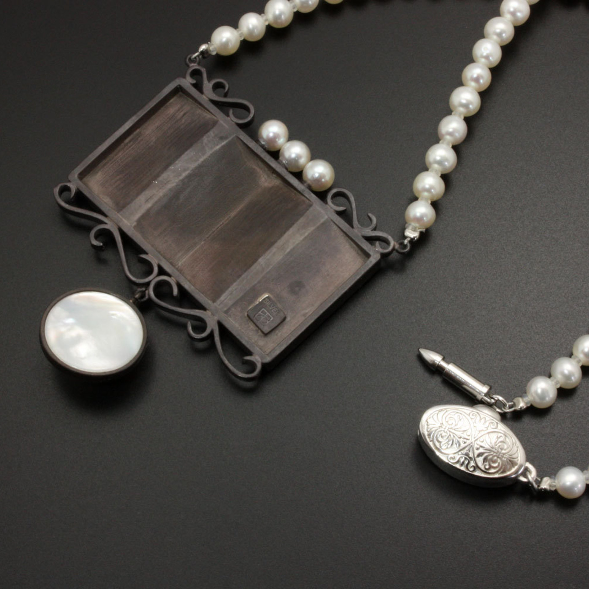 SALE: Pearl and silver pendant with Japanese patina and Keum Boo inspired with Japanese partition.