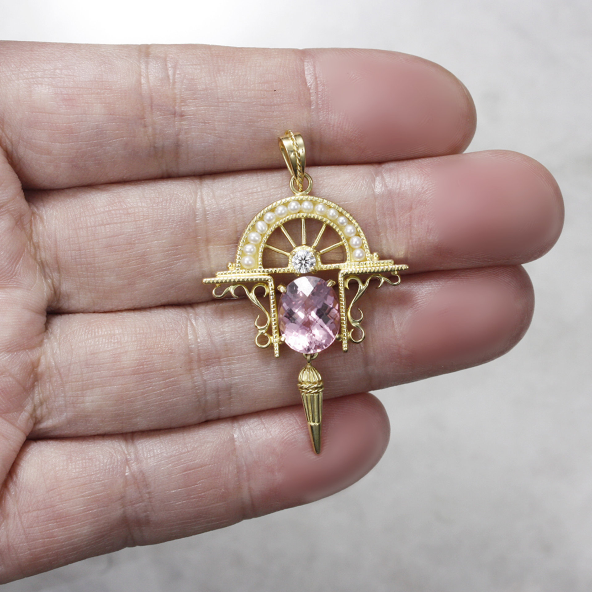 Art Deco style pendant, yellow gold pendant, pink tourmaline,diamond, and pearls