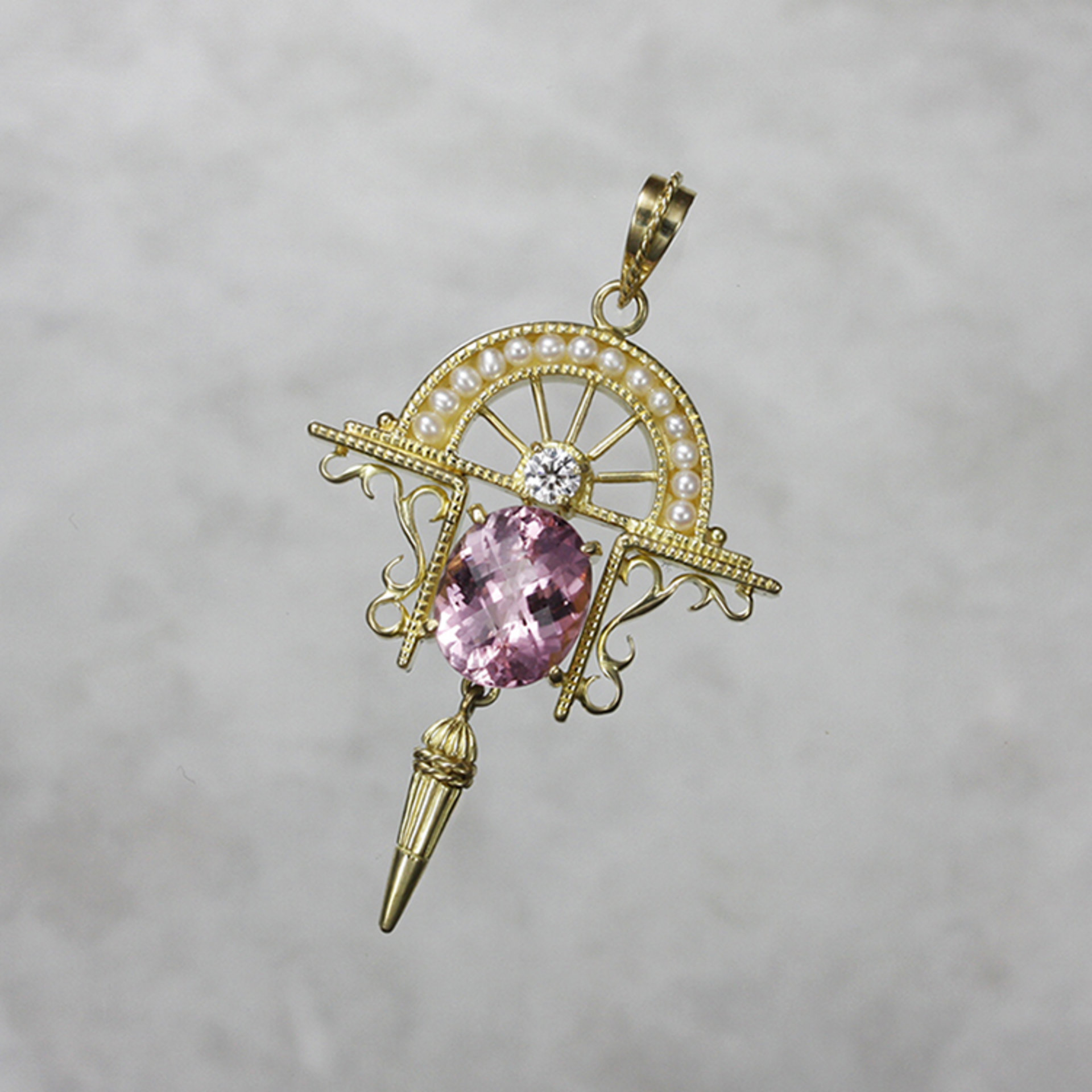 Art Deco style pendant, yellow gold pendant, pink tourmaline,diamond, and pearls