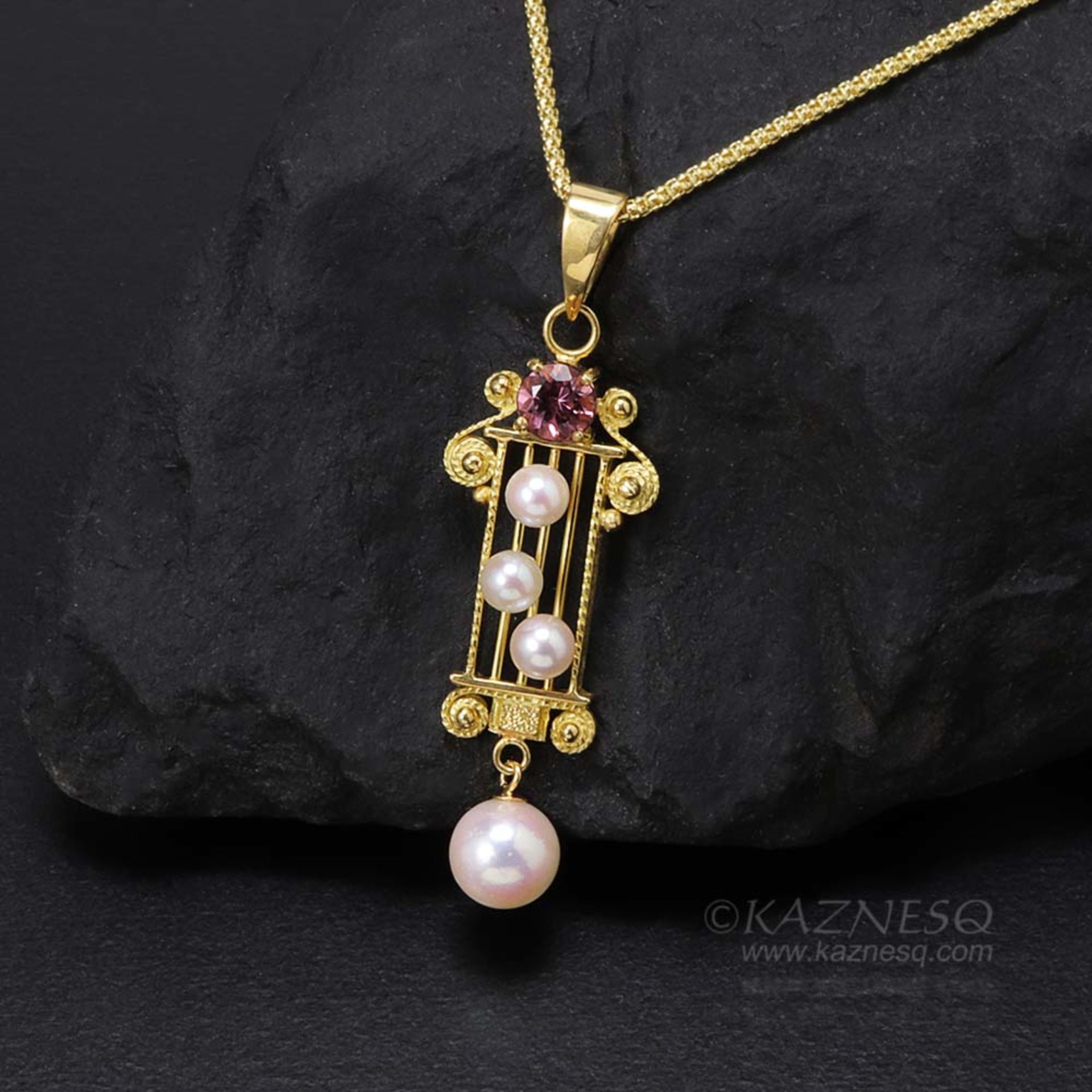 Imperial topaz and pearls 18K gold pendant