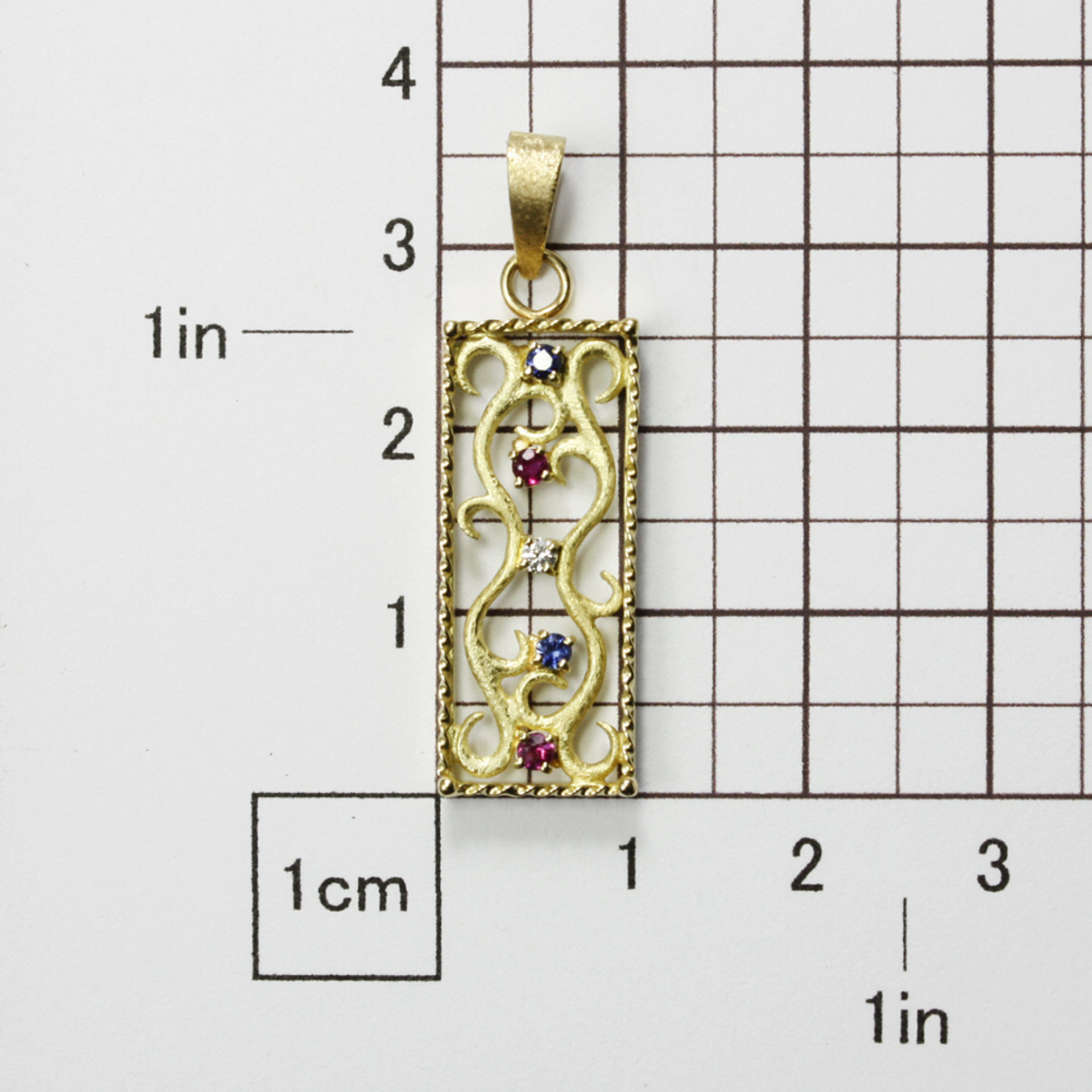 Yellow gold pendant, scrolls openwork pendant, diamond and sapphire pendant, rec