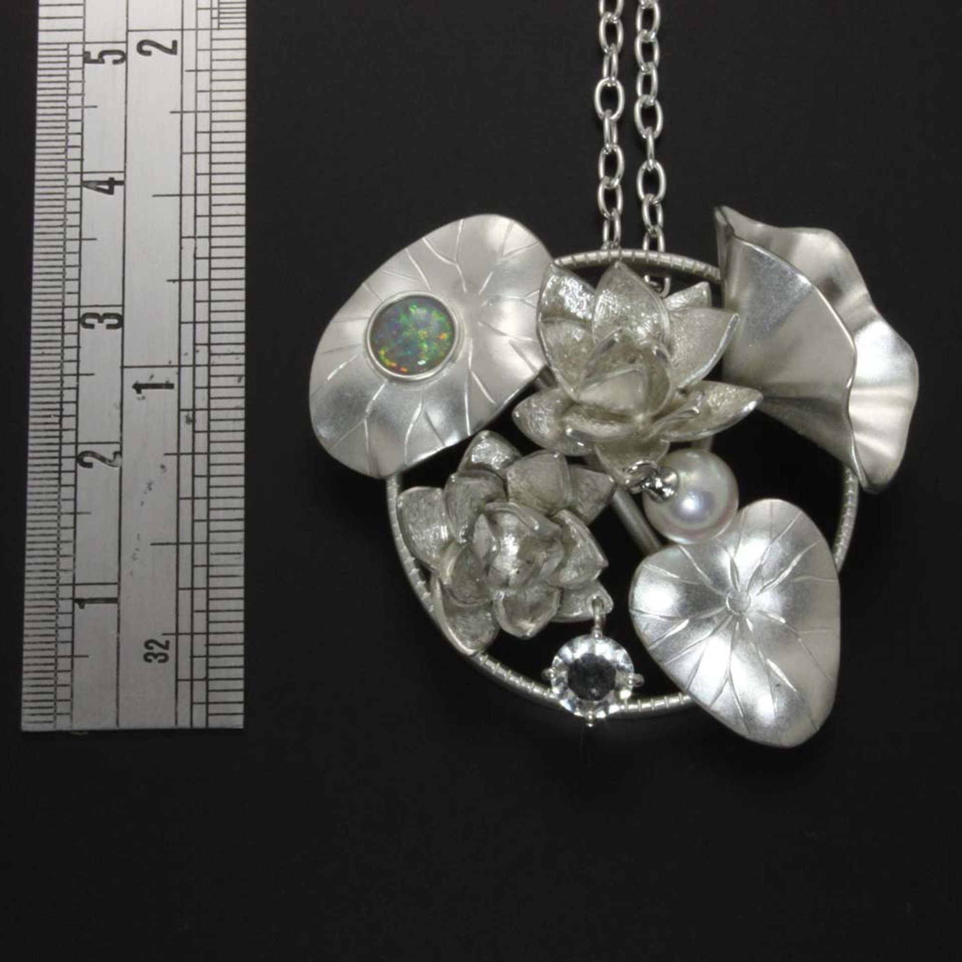 SOLD: Lotus pendant, silver pendant with opal, quartz, and cultured pearl.
