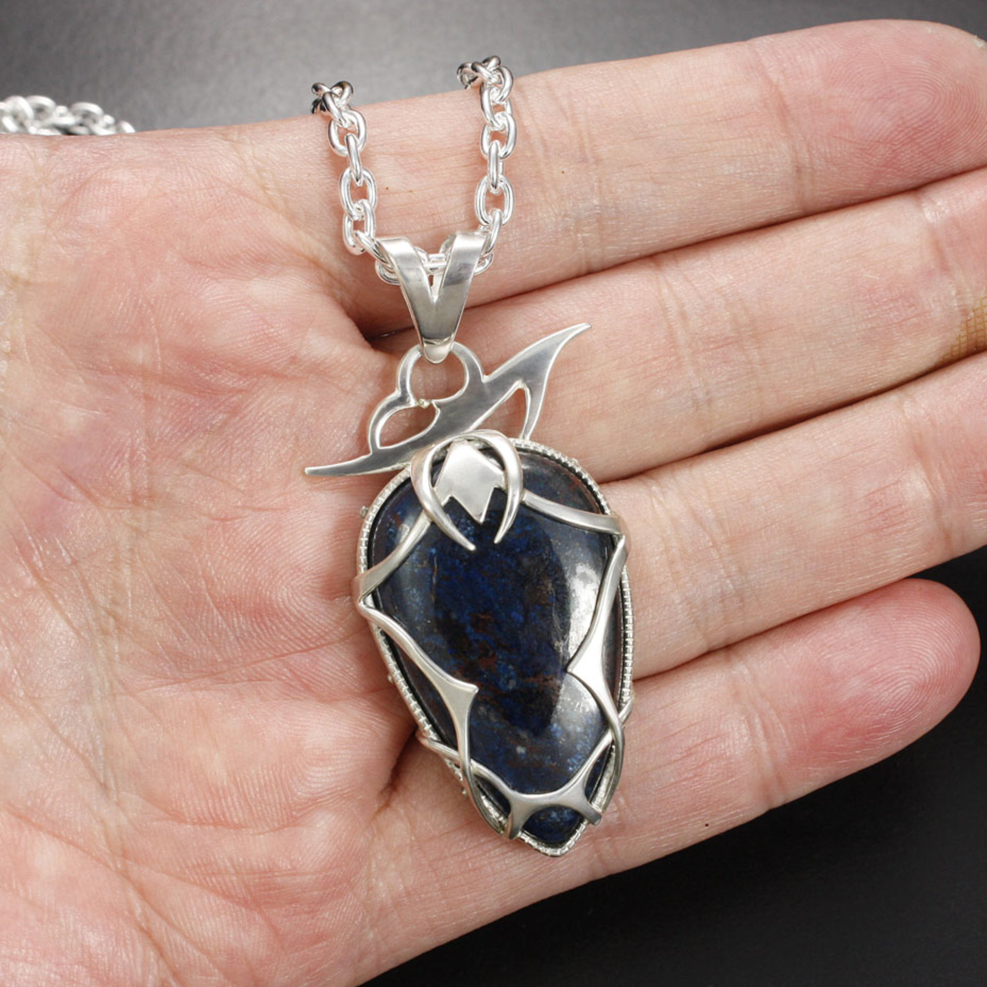 Azurite tribal tattoo silver pendant necklace