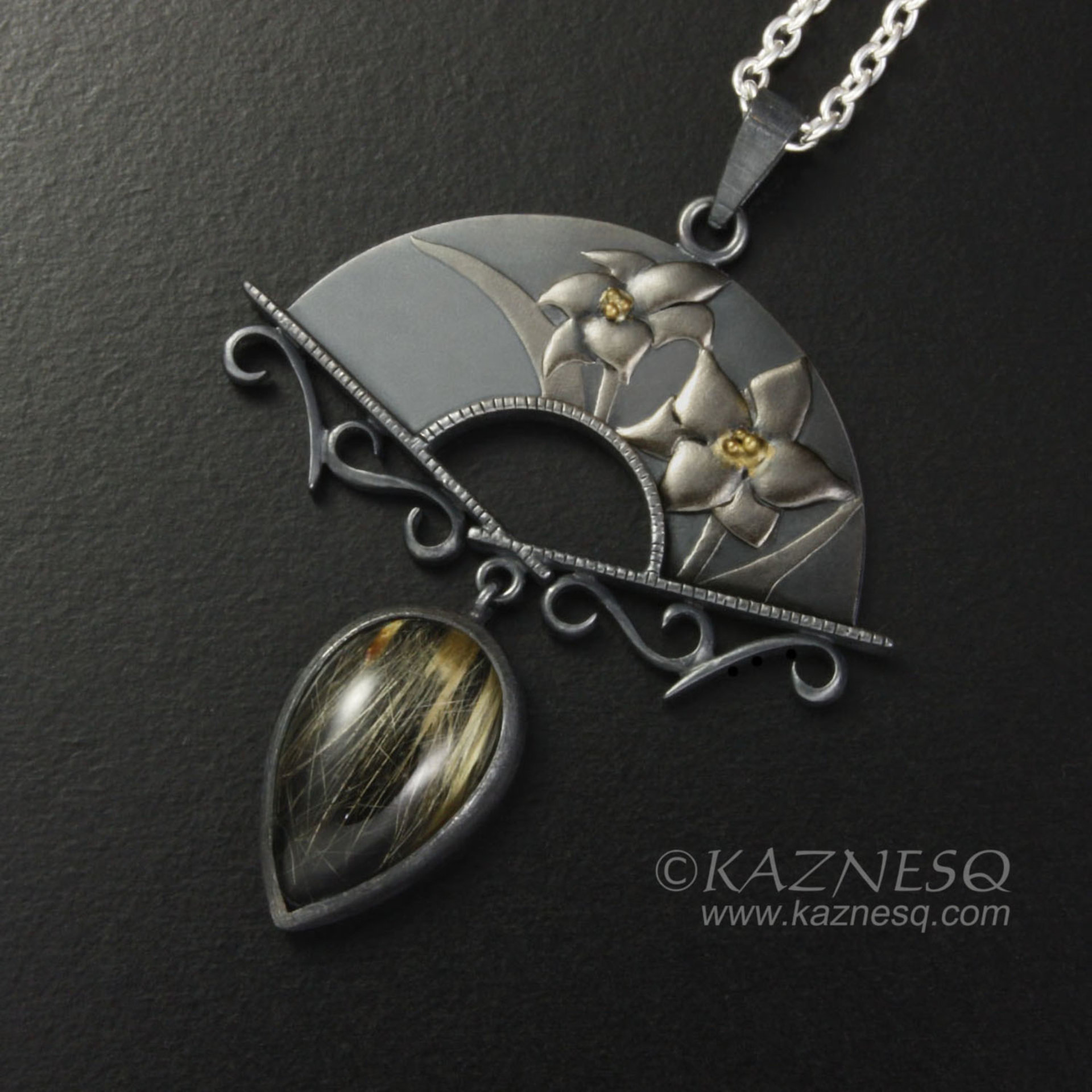 (C) KAZESQ: Spring flower Keum Boo silver necklacewith a rutilated quartz