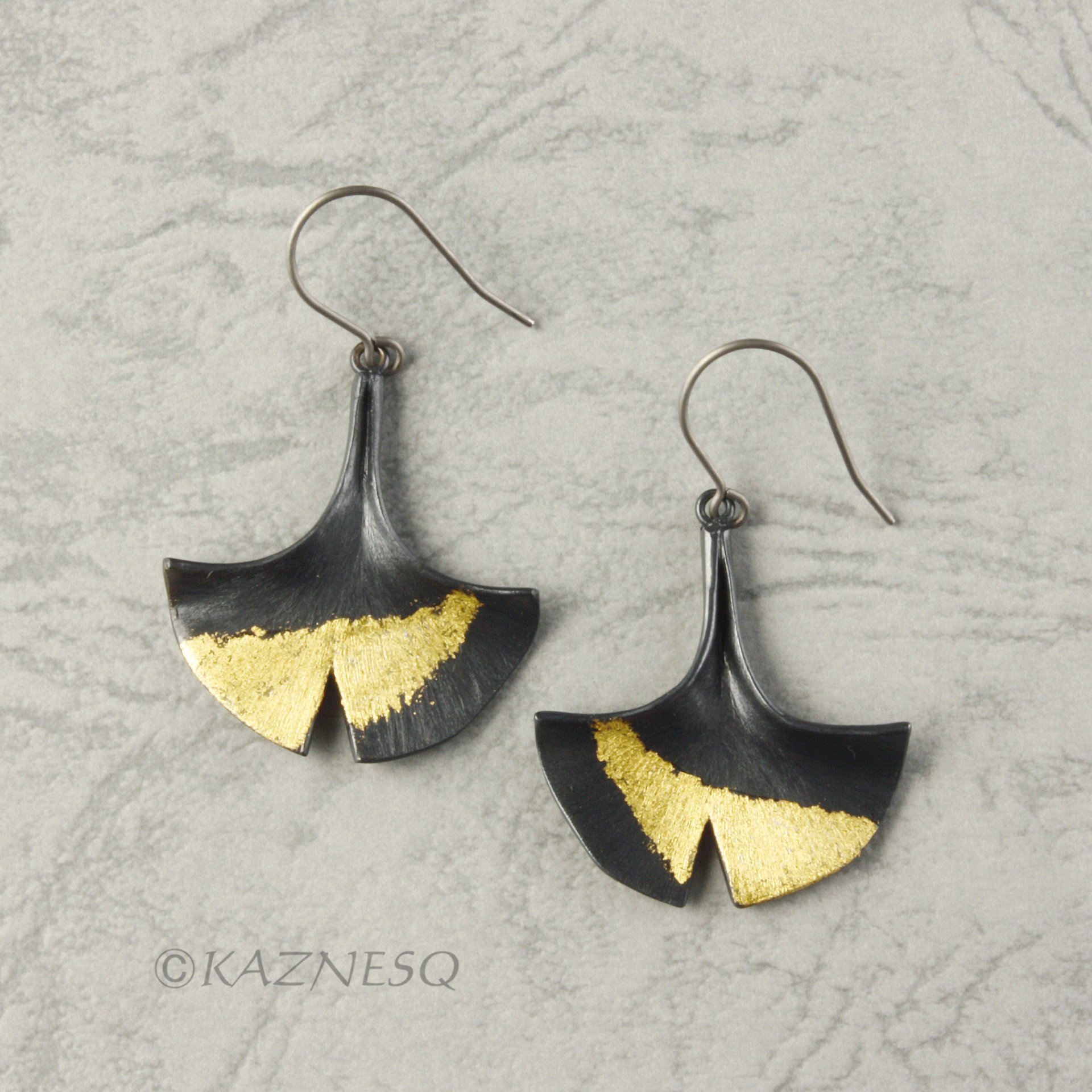 (C) KAZNESQ: Made to Order: Ginkgo leaf earrings of silver with fine gold