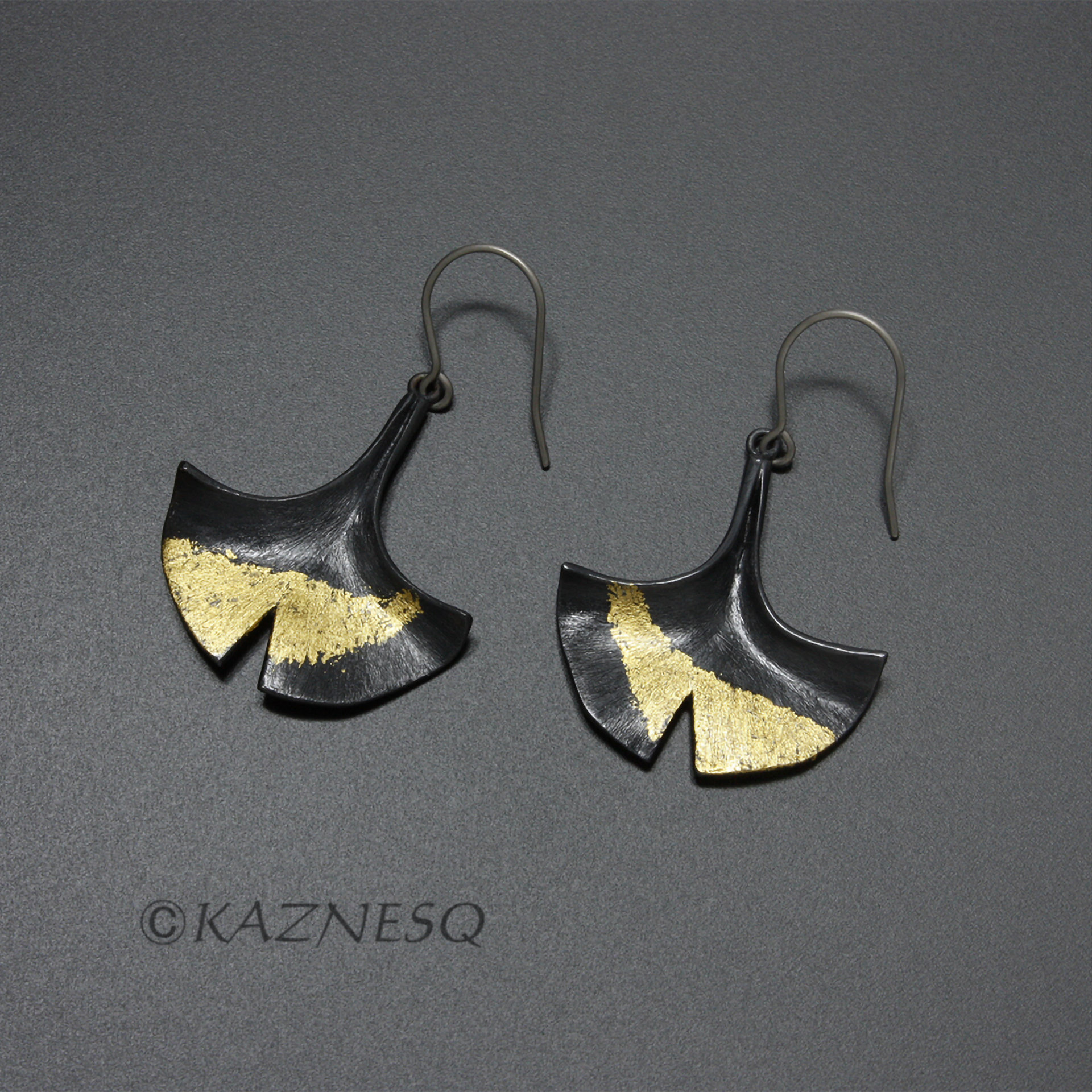 (C) KAZNESQ: Made to Order: Ginkgo leaf earrings of silver with fine gold