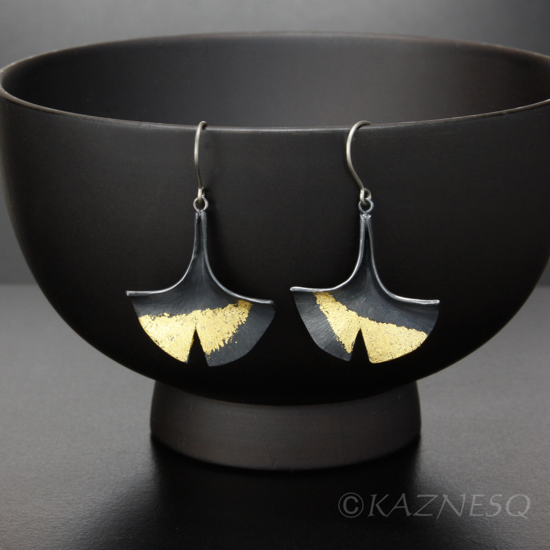 (C) KAZNESQ: Made to Order: Ginkgo leaf earrings of silver with fine gold