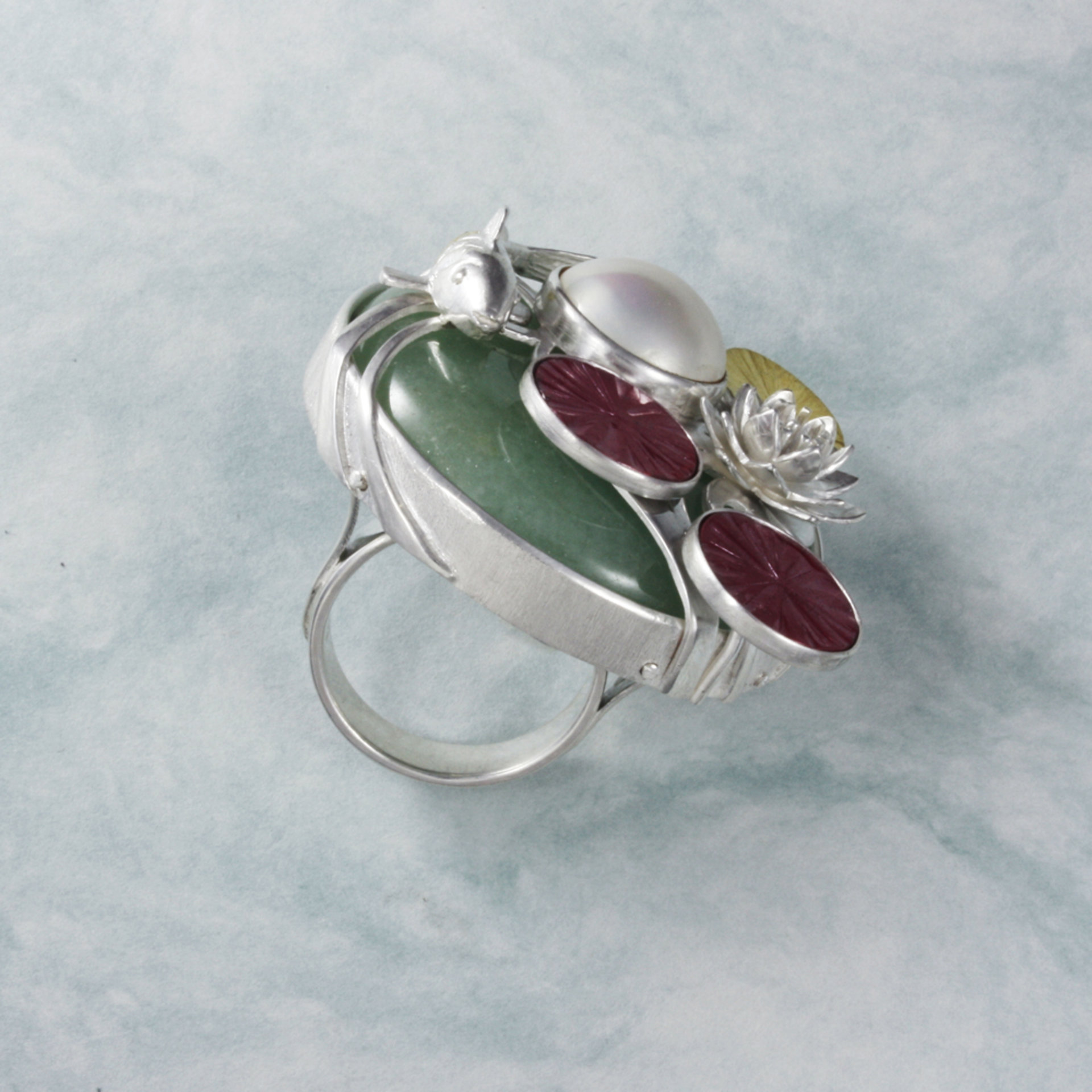SOLD: Water lily ring, mabe pearl ring, red copper ring, silver ring, gold Keum Boo ring
