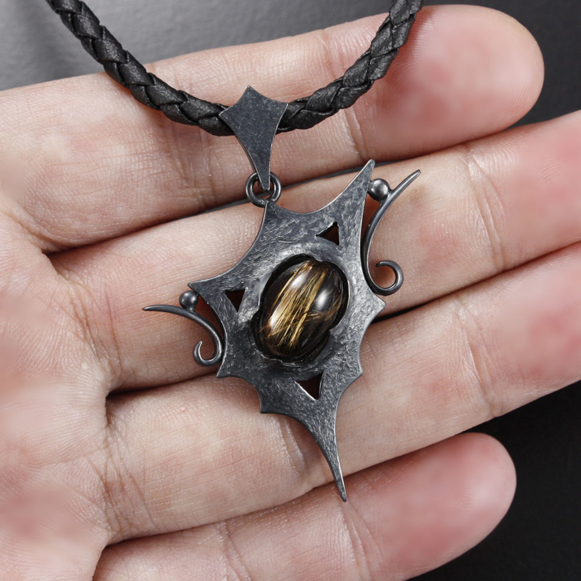 Goth golden rutilated quartz necklace, oxidized silver necklace