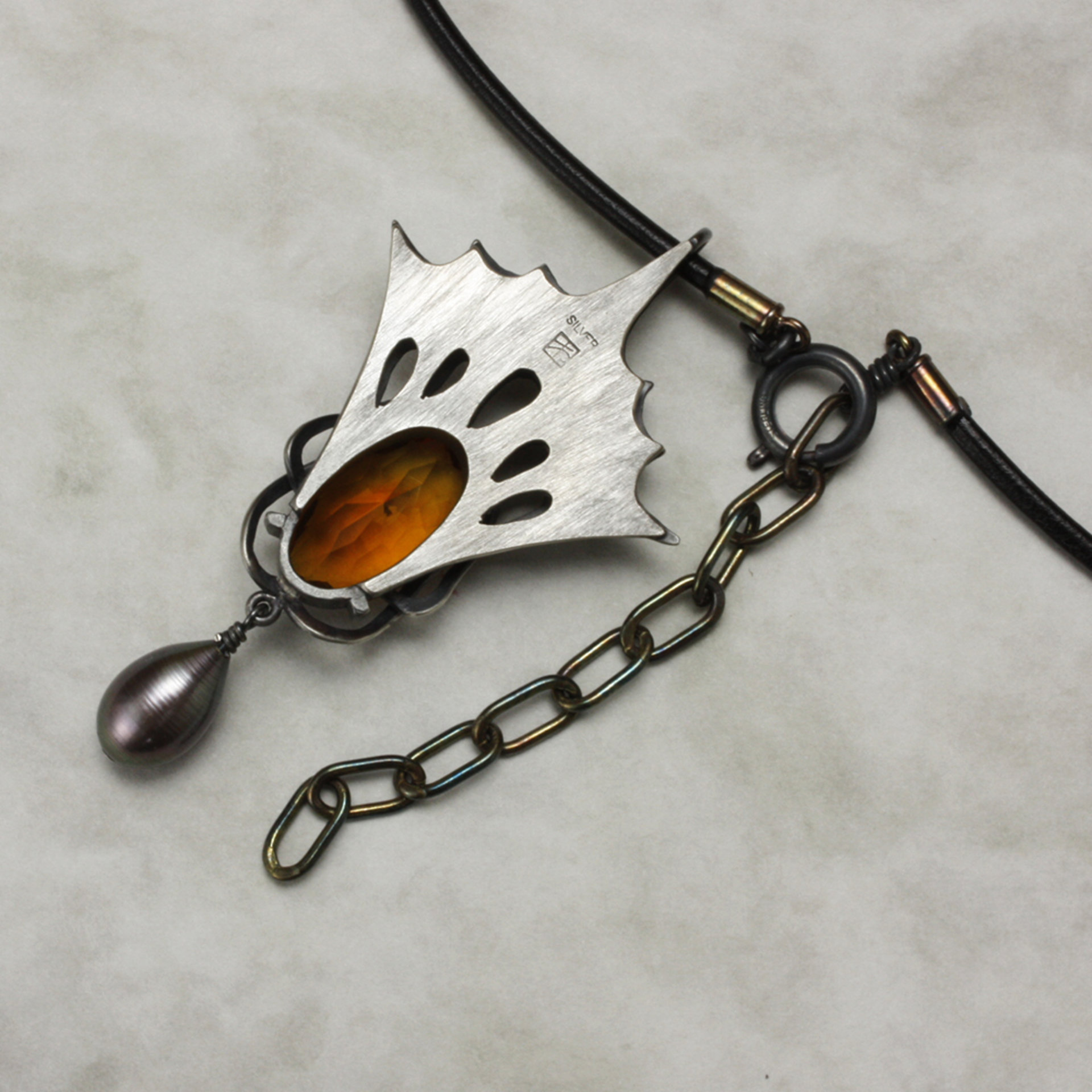Art Nouveau citrine oxidized silver pendant necklace