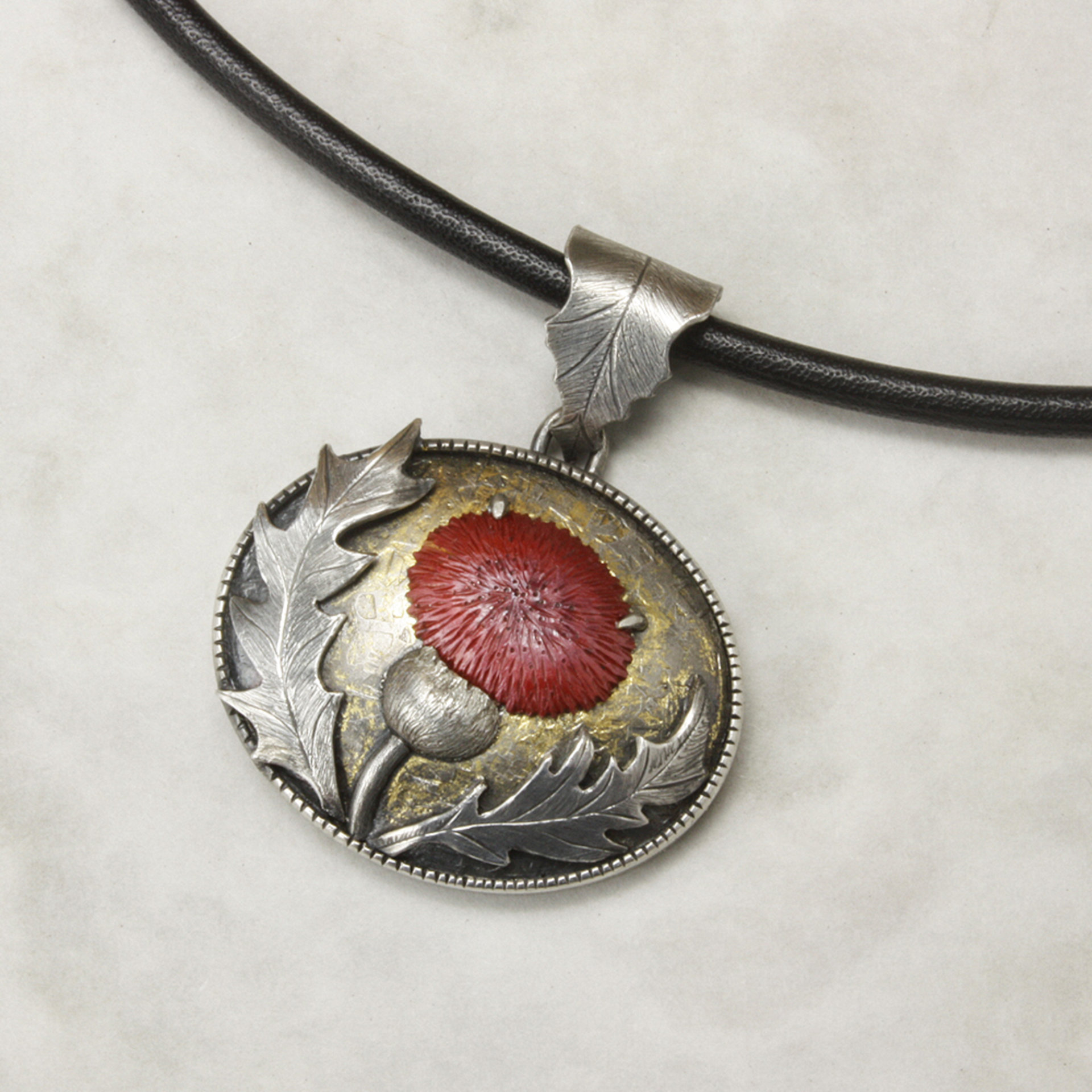 Thistle oxidized silver pendant necklace with Japanese red patina of Hido