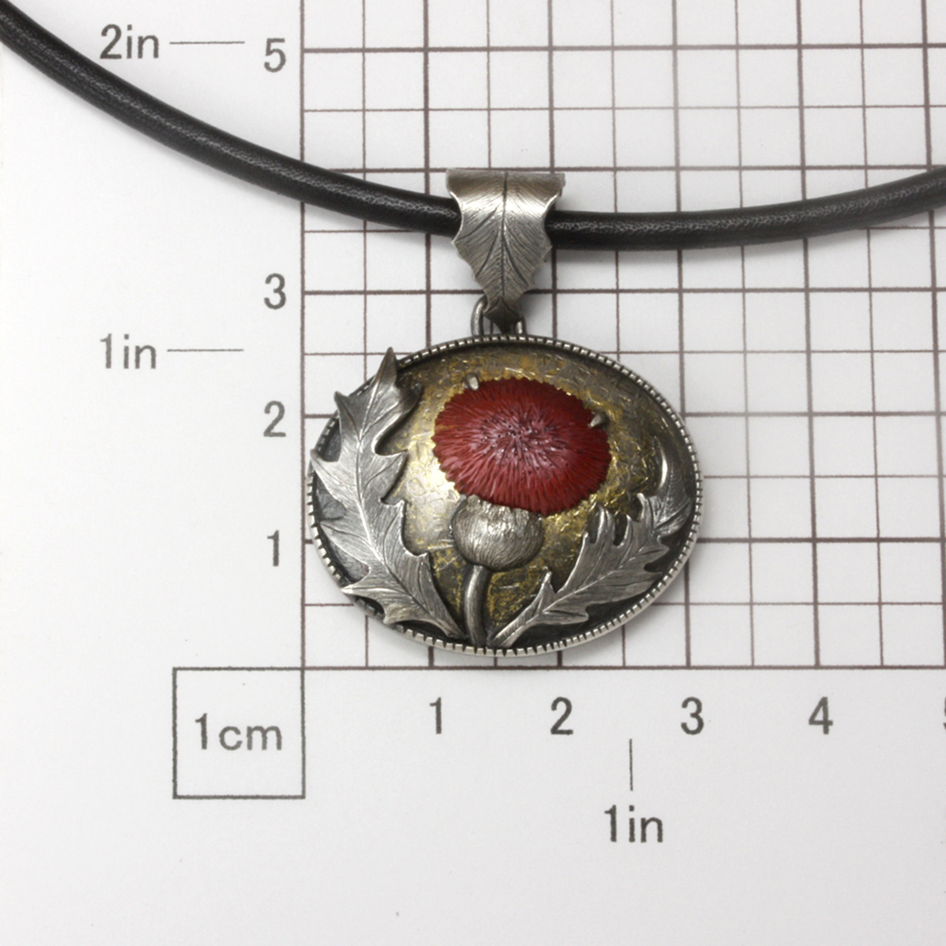 Thistle oxidized silver pendant necklace with Japanese red patina of Hido