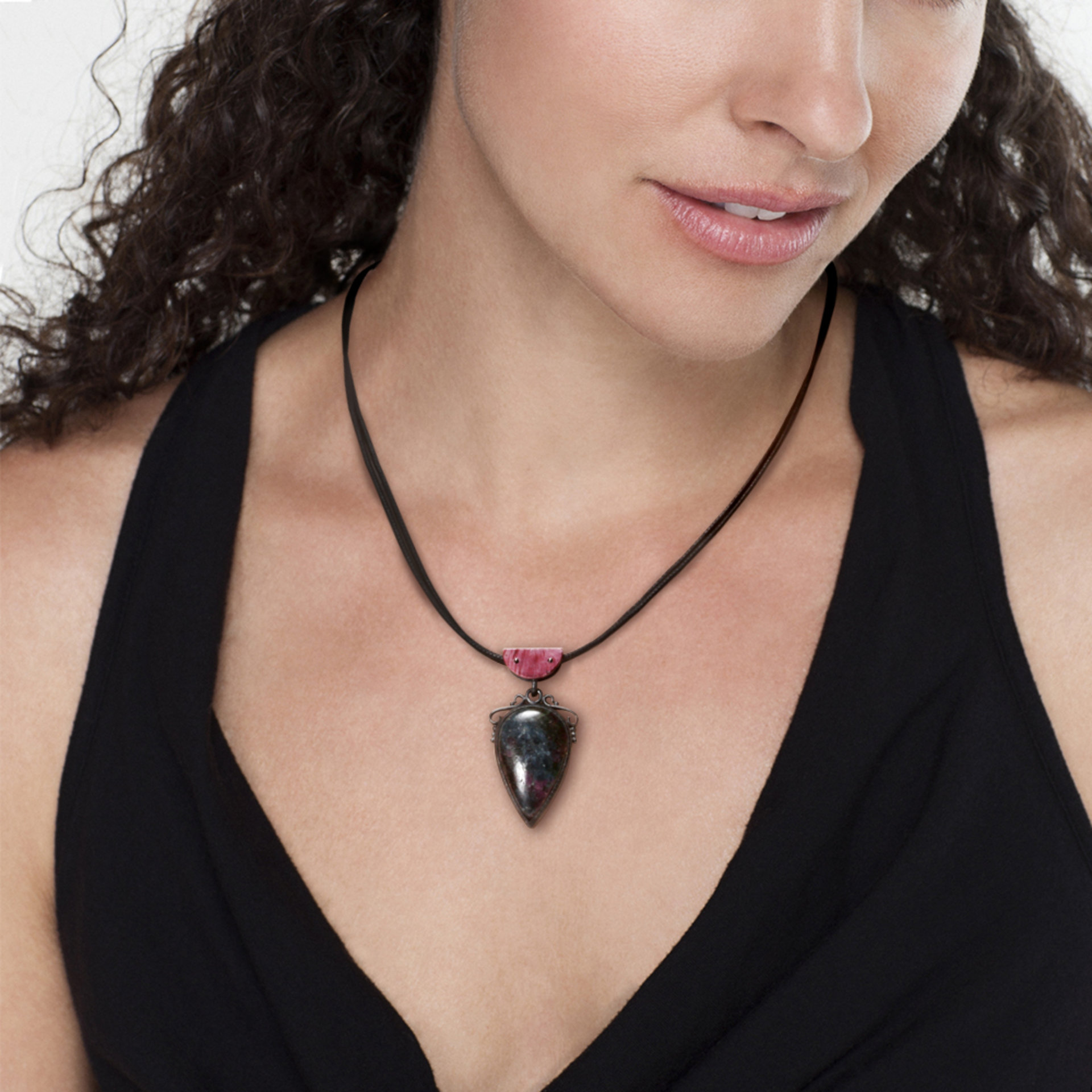 Ruby zoisite oxidized silver pendant necklace with Japanese red copper Hido.