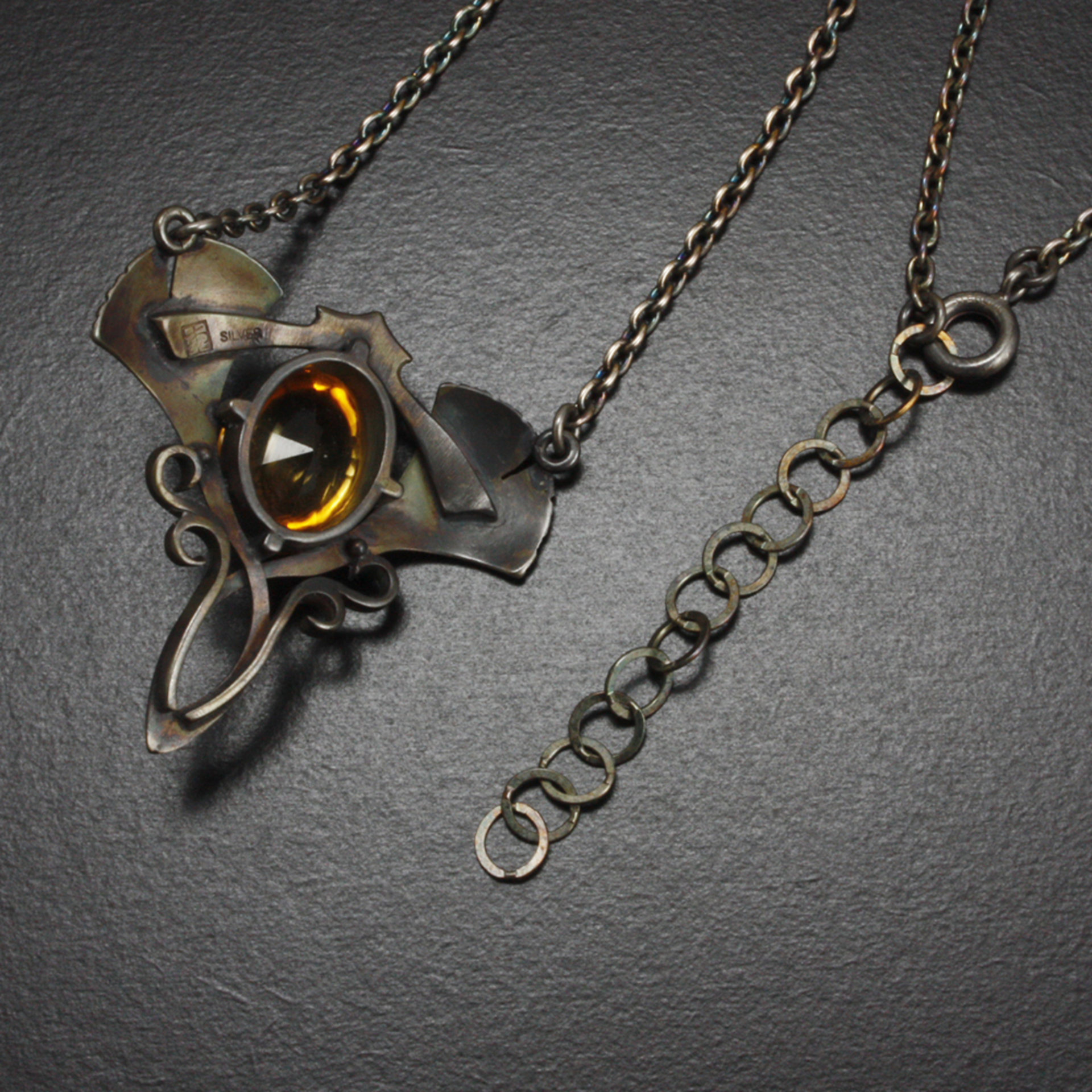 Two ginkgo leaf oxidized silver Art Nouveau necklace with a citrine