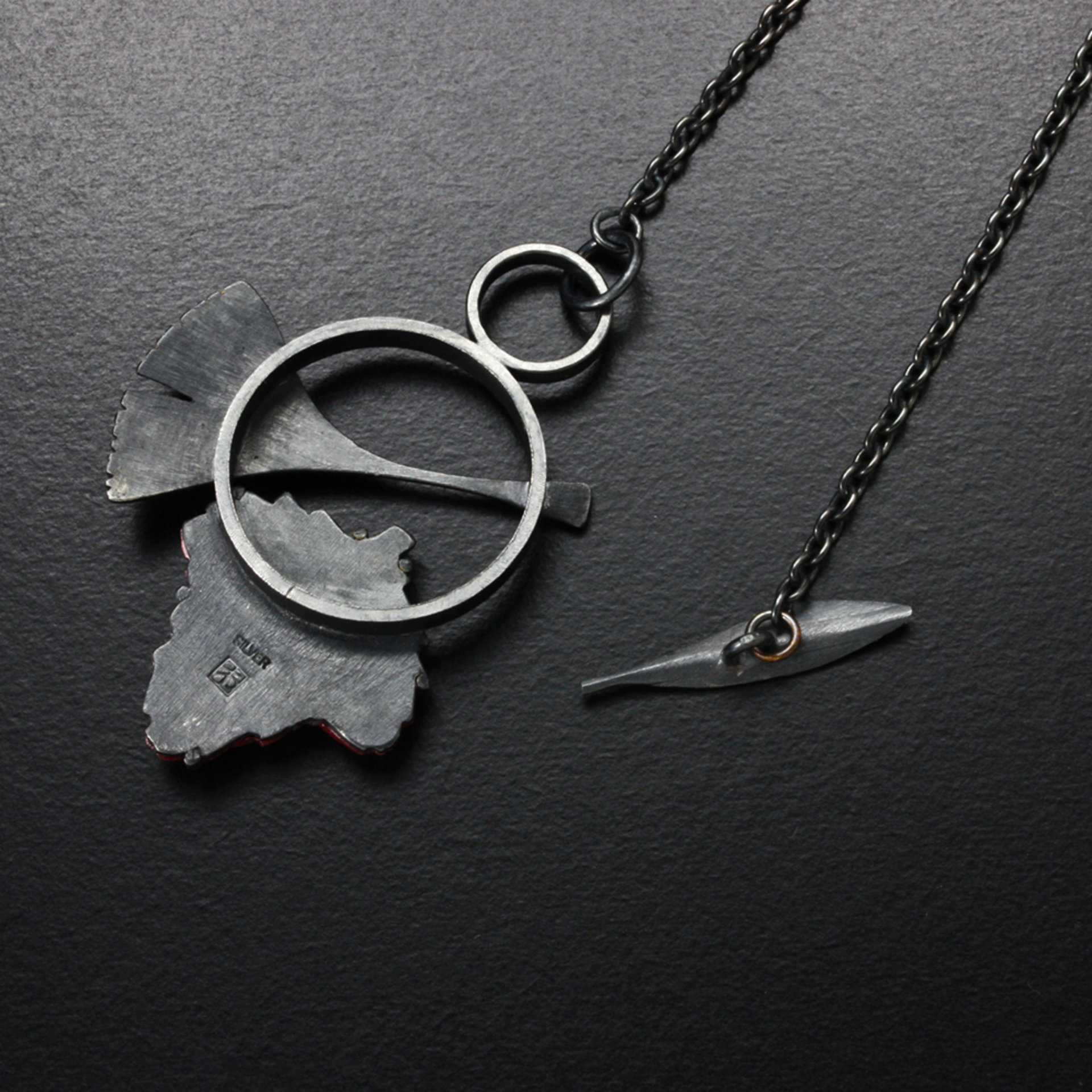 Ginkgo and red grape leaf oxidized silver pendant necklace
