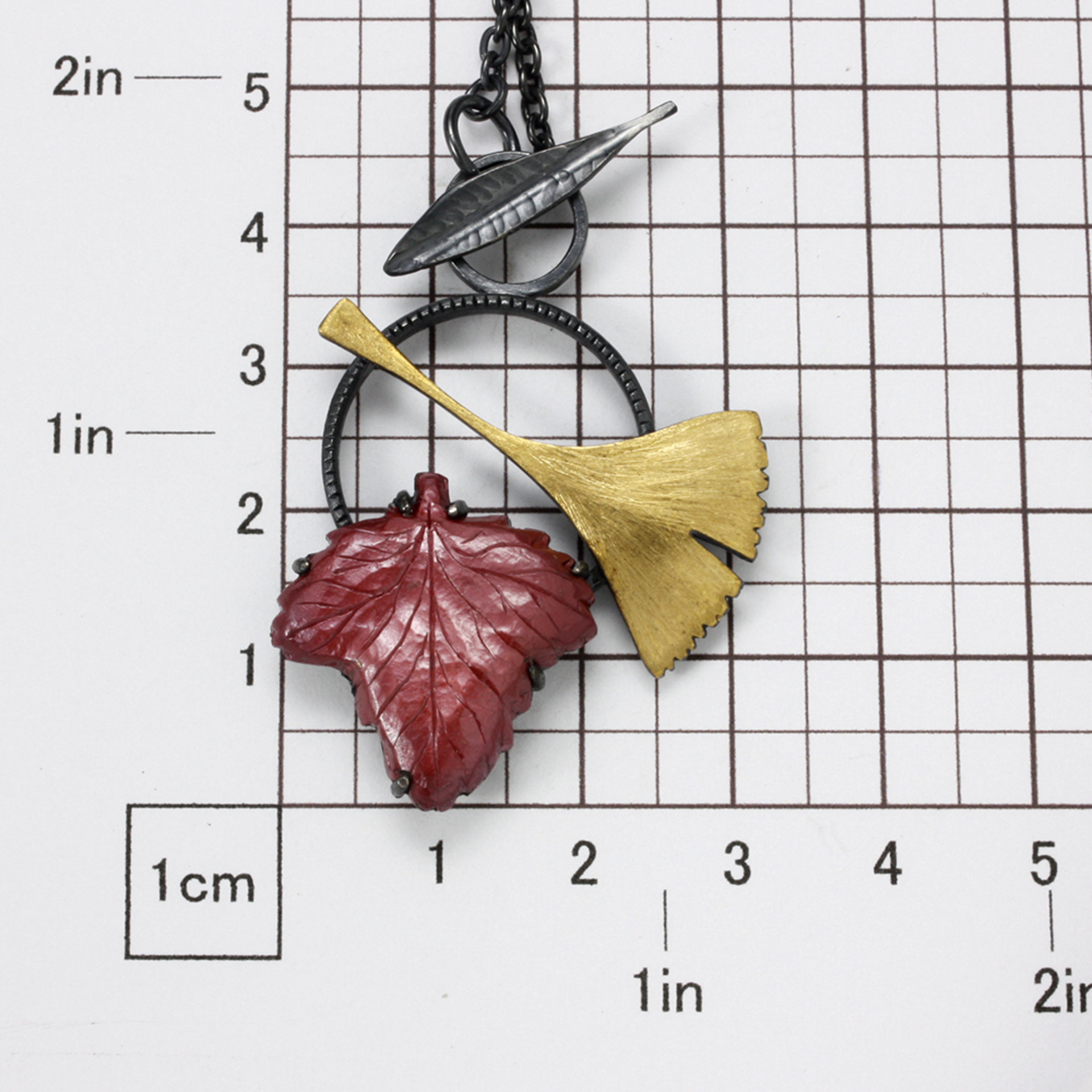 Ginkgo and red grape leaf oxidized silver pendant necklace