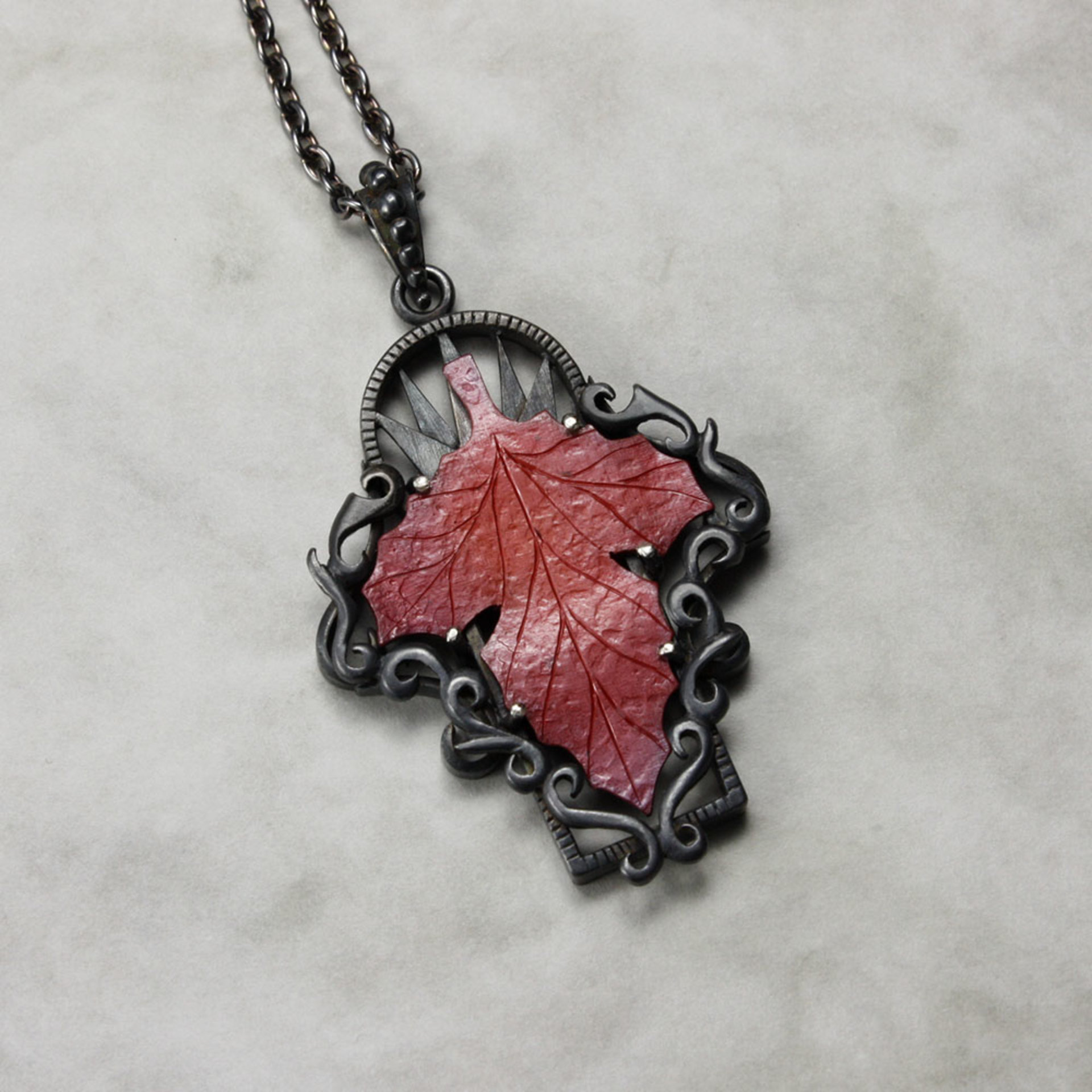 Red autumn leaf Goth taste oxidized silver pendant necklace.