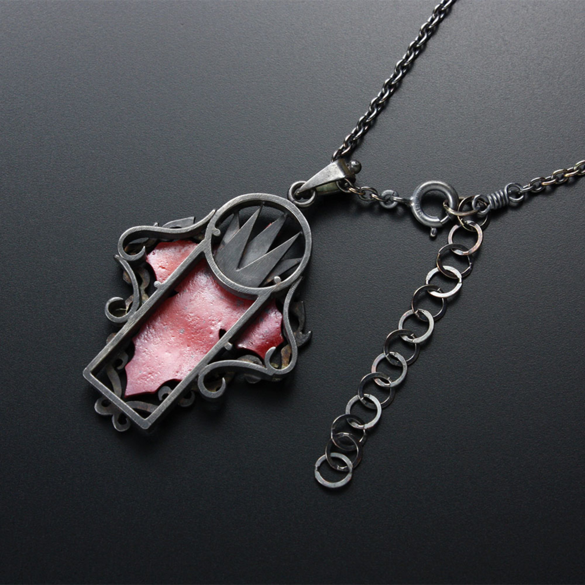 Red autumn leaf Goth taste oxidized silver pendant necklace.