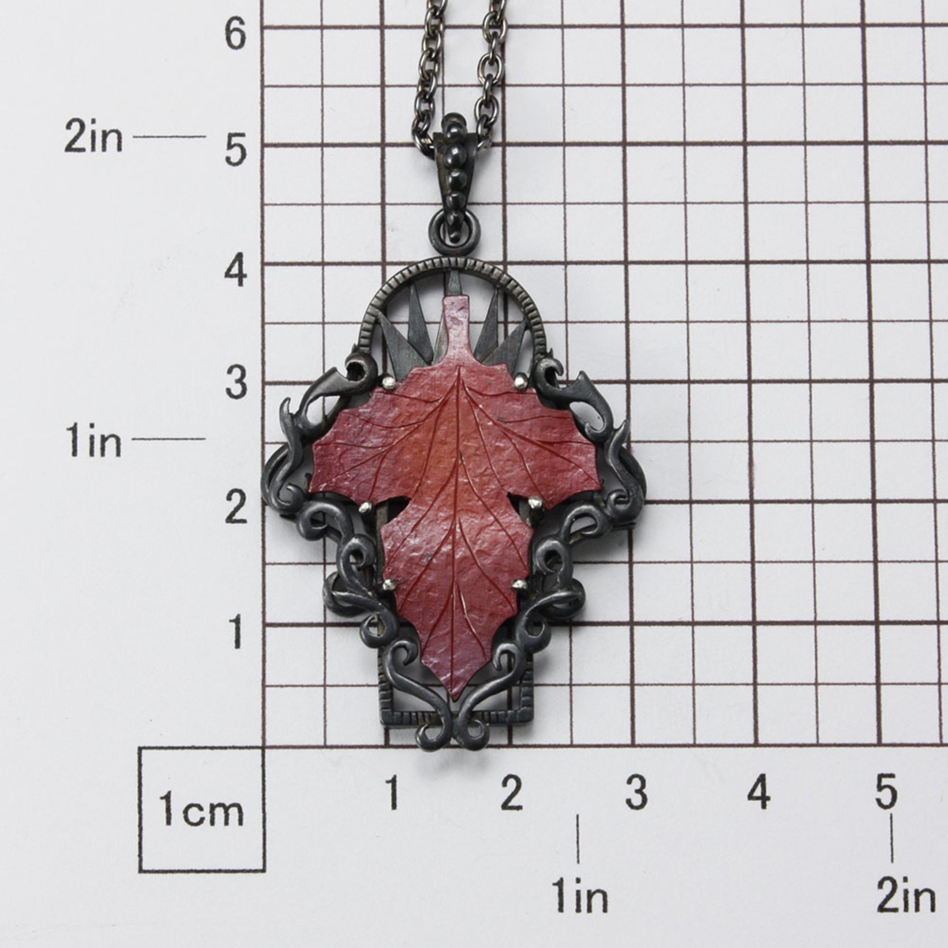 Red autumn leaf Goth taste oxidized silver pendant necklace.