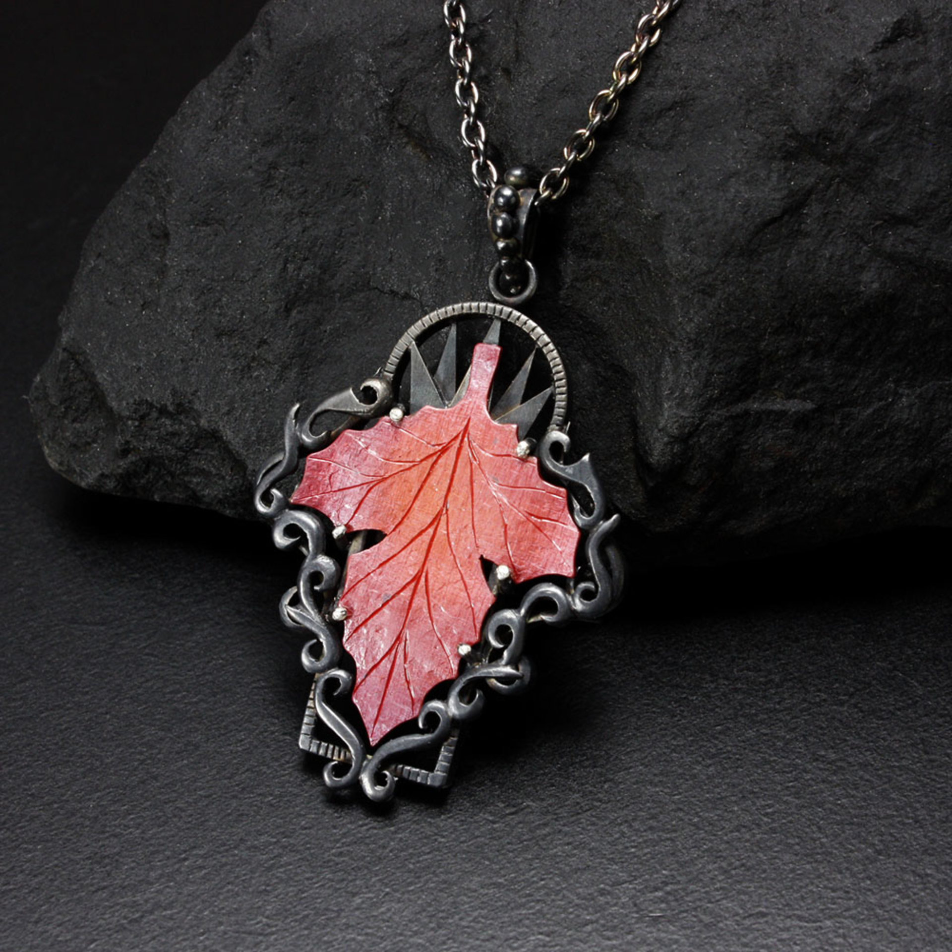 Red autumn leaf Goth taste oxidized silver pendant necklace.